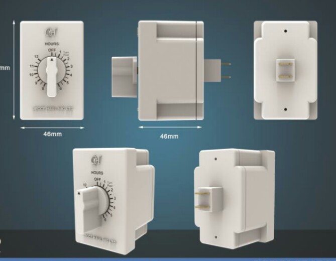 Technical drawing of the Jecct Generator Timer from the front, side and back